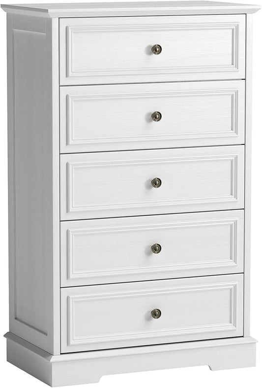 White Dresser for Bedroom, 44" Tall 5 Drawer Dresser, Wooden Chest of Drawers with Large Storage, Vertical Dressers for Closet, Living Room, Hallway