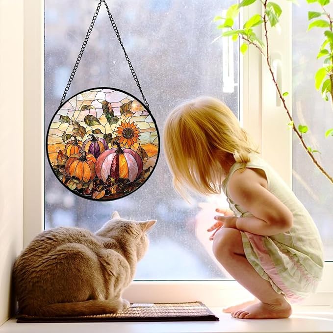 Stained Glass Window Hanging, Pumpkin Sunflower Suncatcher Diamond Glass Panel Sun Catchers Decor for Birthday for Women, Men, Wife, Aunt, and Mom 14.9x14.9 in
