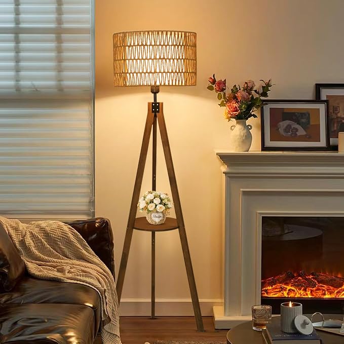 LAMSU Boho Tripod Floor Lamps for Living Room, Rattan Wood Floor Lamp with Fabric Shades, Mid Century Standing Lamp with Shelf, Foot Switch, Modern Farmhouse Tall Lamps for Bedroom Office Brown