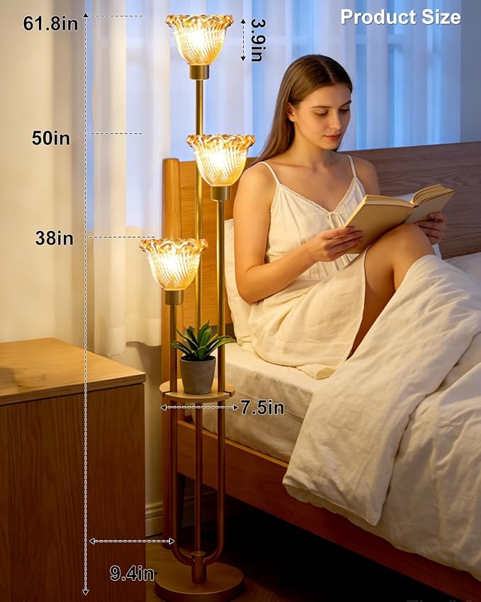 Lightdot Glass Floor Lamp for Living Room Gold with Amber Glass Shade & 3000K Bulbs Included 3-Lights Modern Tall Standing Lamp with 5Lbs Heavy Base for Bedroom/Sofa Beside/Corner Decor/Party