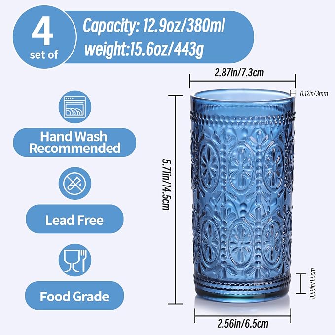 abrwyy Blue Drinking Highball Beverage Glass Cup, Vintage Drinking Glasses, Colored Glassware Set for Party Wedding, Home, Office, Water, Juice, Cocktail, Highball Glasses Set of 4