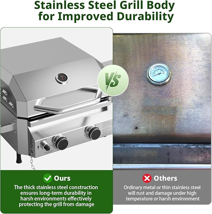 Tabletop Gas Grill, Stainless Steel Portable Propane Grill with Dual Storage Side Platforms – Compact & Powerful 16,000 BTU Dual-Burner BBQ Grill for Garden and Patio Backyard,Camping