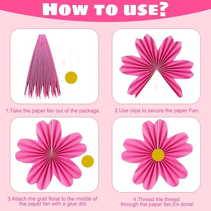 YUNXUAN Pink Party Decorations Paper Fan Paper Flowers Decorations for Wall Flower Backdrop Classroom Baby Shower Birthday Flower Wall Decor Pack of 9 Pink
