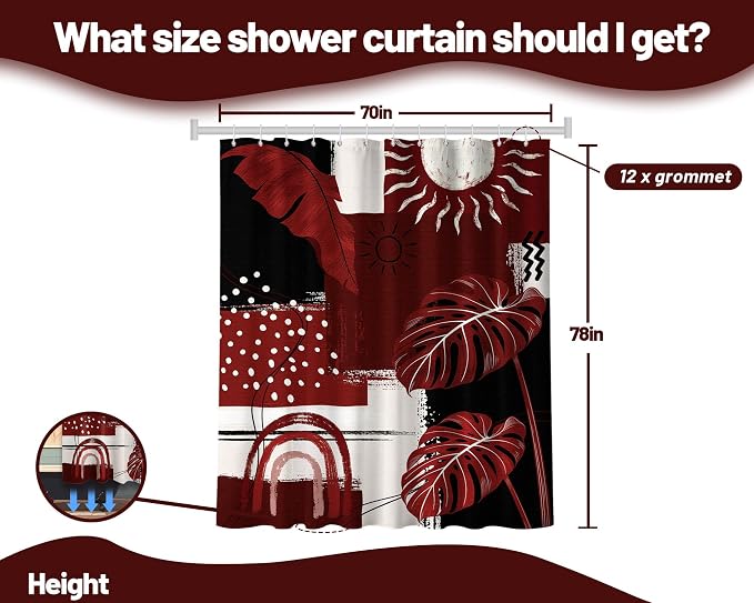 Black and Red Mid Century Modern Shower Curtain Bohemian Abstract Burgundy Shower Curtains for Bathroom Decor Sets, Waterproof Cloth Fabric with Hooks, 70x78 Inch