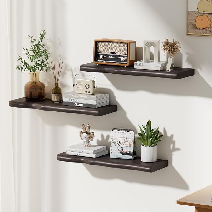 Solid Wood Live Edge Floating Shelves Set of 2 – 24" Rustic Wall Shelf with Hidden Bracket System, Wall Mounted Shelves for Bathroom, Kitchen, Living Room, Bedroom (Grey)