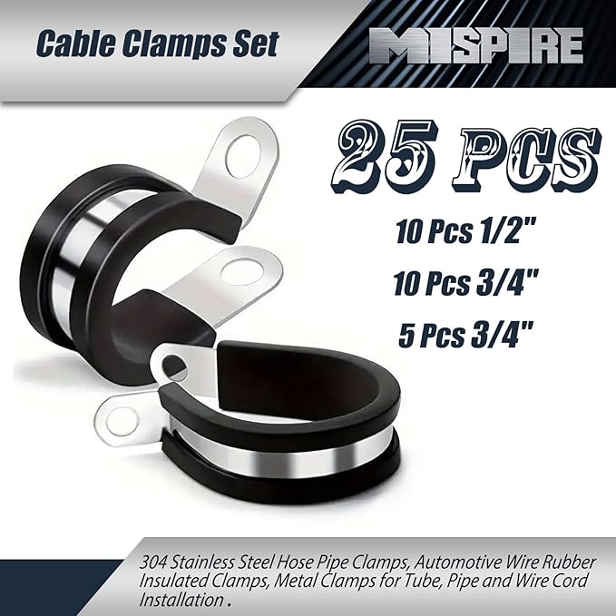 MISPIRE 25 Pack Cable Clamps Assortment Kit, 304 Stainless Steel Rubber Cushion Pipe Clamps in 3 Sizes 1/2", 3/4", 1"