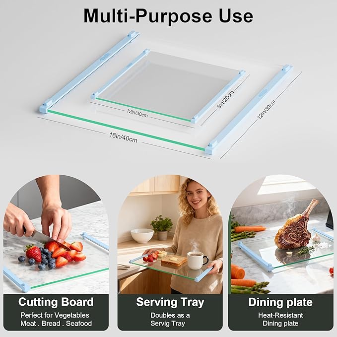 2PCS Glass Cutting Board with Silicone Grip, 80% Stronger Shatter Resistance and Slip Resistance,No Scratches/Microplastic-Free,Dishwasher Safe, Non Toxic Chopping Board for Kitchen (Blue)