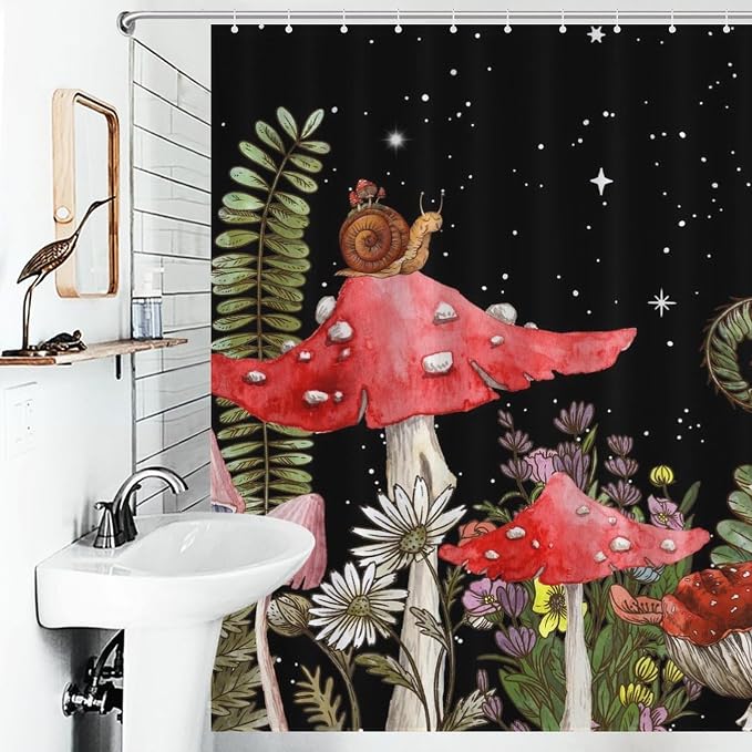 Mushroom Shower Curtain, Wild Floral Botanical Mushroom Moon Gothic Cottagecore Nature Plants Herbs Black Vintage Rustic Waterproof Fabric Bathroom Shower Curtain Set with Hooks, 72"x84" Inch