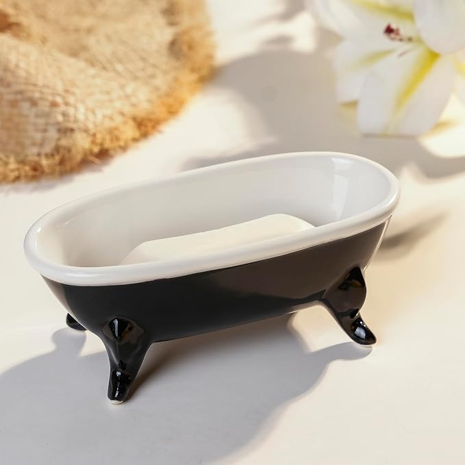 6.7" Ceramic Mini Clawfoot Bathtub Bar Soap Dish, Decorative Bar Soap Holder, Soap Tray Sponge Holder for Shower, Bathroom & Kitchen Sink (Black)