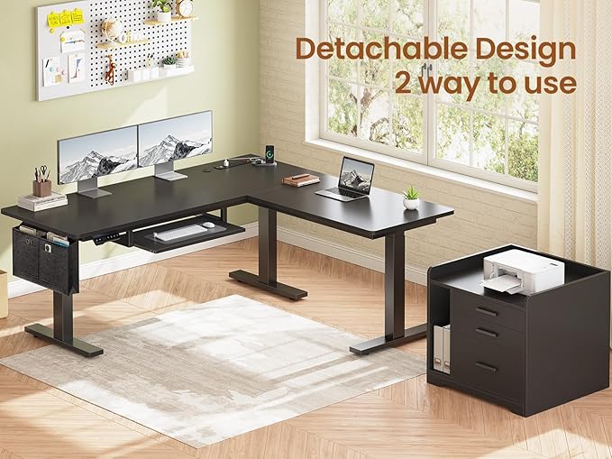 SEDETA L Shaped Electric Standing Desk with File Cabinet, 63 x 53'' Height Adjustable Home Office Computer Desk with Drawers, Power Outlet, Stand up Gaming Table with Led Lights, Keyboard Tray, Black
