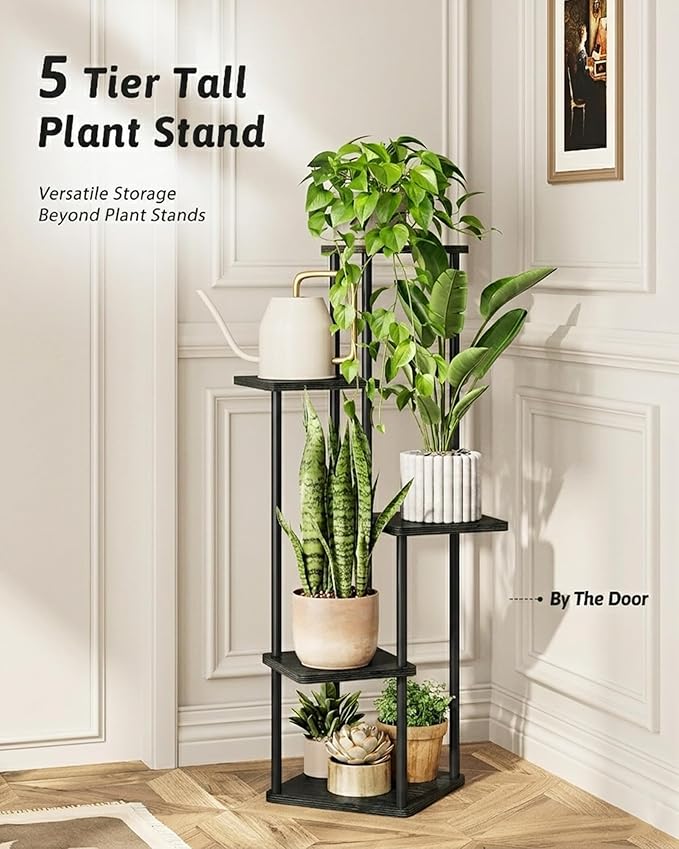 GENTINGBRO Tall Plant Stand Indoor 5 Tiered Plant Shelf for Multiple Plants Coner Shelf Stand Wood Plant Stand Metal Shelving for Living Room Bedroom Balcony Patio Black