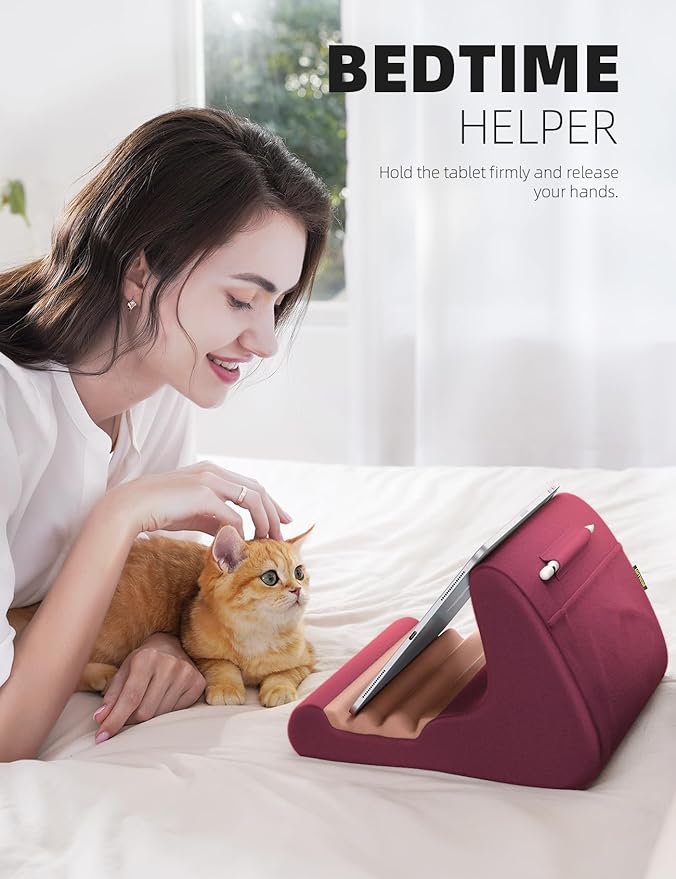 Lamicall Tablet Holder, Tablet Pillow Stand - Tablet Pillow Soft Pad for Bed and Lap, with Stylus Mount & Pocket, for iPad Pro 12.9, Air, Mini, Kindle, Galaxy Tab and 4-13" Tablet, Dark Red