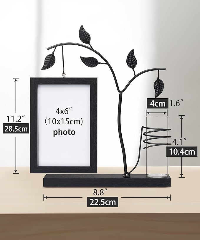 Afuly 4x6 Picture Frame Black with Metal Stand Glass Vase, Double Sided Glass Photo Frames, Wood Picture Frames Desk Modern Home Decor Anniversary wedding Gift for Couple Grandma Mom