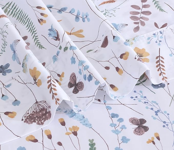 RUVANTI 100% Cotton Full Size Bed Sheets, 4 Pieces, Soft & Breathable Percale Weave Bedding, Deep Pocket 16", Hotel Standard, Crisp Cool Feel, Durable, Perfect Sheet Set Floral, Fern Class