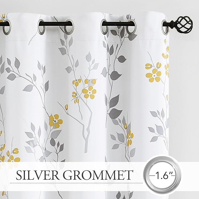 Beauoop Floral 100% Blackout Curtains 63 Inch Length 2 Panels for Bedroom Living Room Yellow Grey and White Flower Patterned Room Darkening Thermal Soundproof Grommet Window Treatments Drapes, 52X63