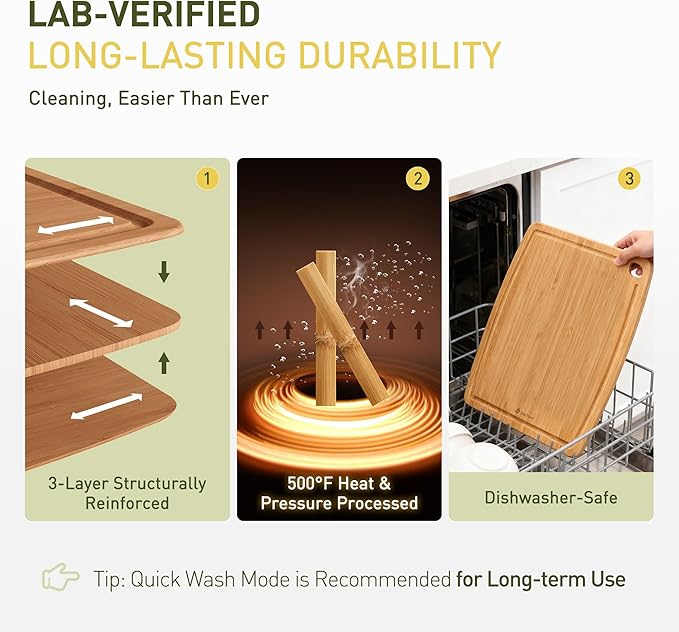 Lightweight Durable Bamboo Cutting Board with Non-Slip Feet, Reversible Wood Cutting Board with Juice Groove Easy to Store & Clean, Water-Resistant Ideal Kitchen Gift for Home Cooks