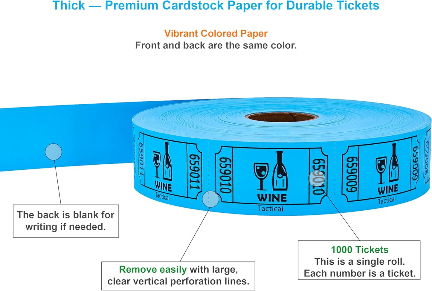 Tacticai 1000 Raffle Tickets - Blue Single Roll for Events, Fundraisers & Prizes