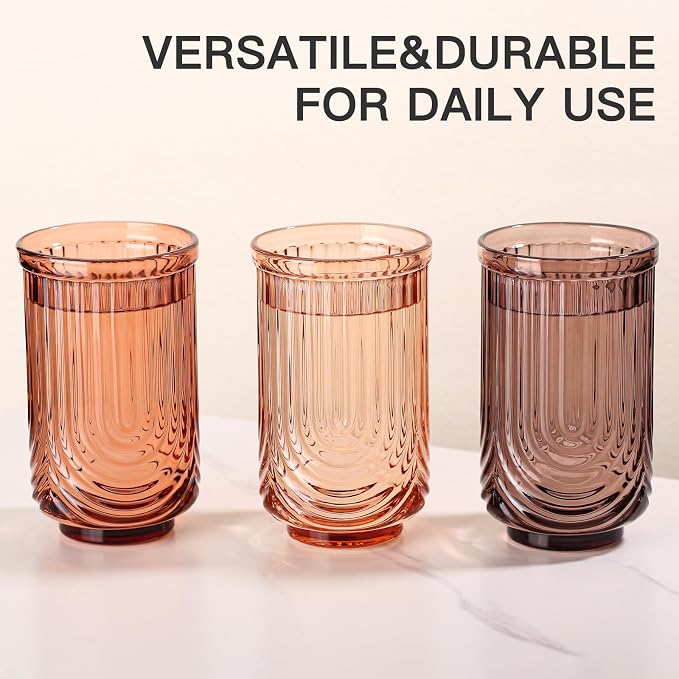 JOVGANK Amber Vintage Glassware Set of 6-17Oz Brown Water Drinking Glass, Art Deco Ripple Highball Glass, Whiskey Cocktail Glasses, for Bar Ice Coffee Juice, Housewarming Gifts and Mother's Day Gift