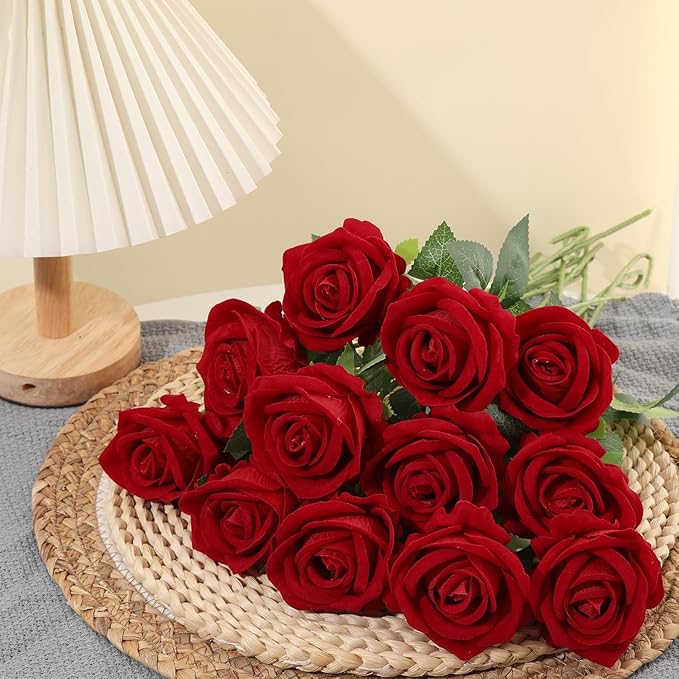 50Pcs Red Roses Artificial Flowers Fake Roses Faux Velvet Silk Flower for Home Wedding Decoration (Pearl Rose, Red)