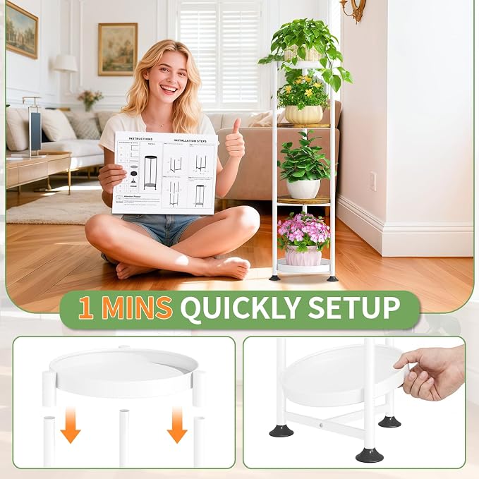 KMOTASUO 4 Tier White Plant Stand Indoor for Large Tall Heavy Duty Planter, Multiple Sturdy Metal Flower Corner Rack for Narrow House Floor, Iron Vertical Level Round Orchi Holder Organizer, Modern