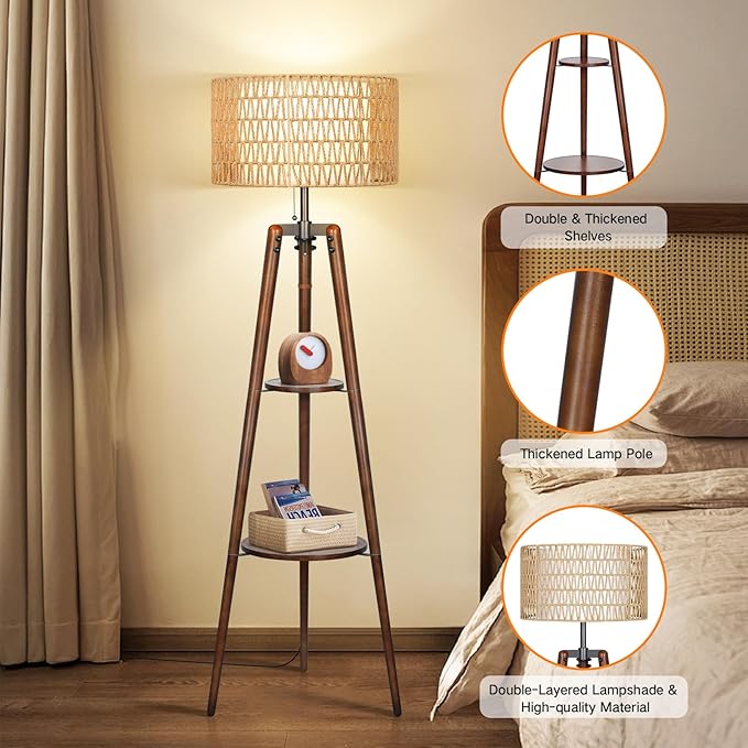 OUTON Boho Rattan Tripod Floor Lamp with Shelves, Dimmable Mid Century Modern Standing Lamp with Remote Control,Wood Tall Floor Lamps for Living Room Bedroom Office Farmhouse Bulb Included, Walnut