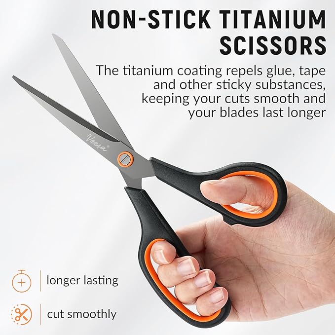 Scissors, 3-Pack Titanium Coated Non-Stick Scissors (8.5’’, 7.5’’, 5.5’’), Comfort Grip, All-Purpose Cutting Tools for Office, Craft, Sewing