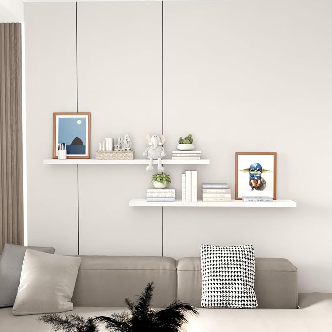 SAUMONIERES 48 Inch Floating Wall Shelves for Bedroom Bathroom Wall Mounted Solid Wood Shelf Storage Decor Set of 2, White Floating Shelves