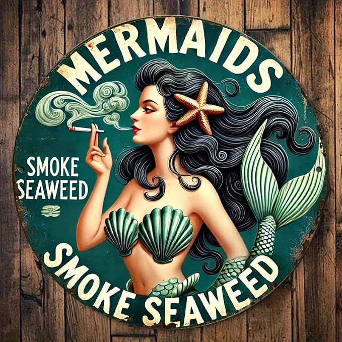 1pc Flat Disc Wooden Room Decor, Vintage Mermaid Seaweed Smoke Design, 8x8 inches (20x20 cm), Durable, Easy to Hang, for Bedroom, Kitchen, Home, Office or as a Gift