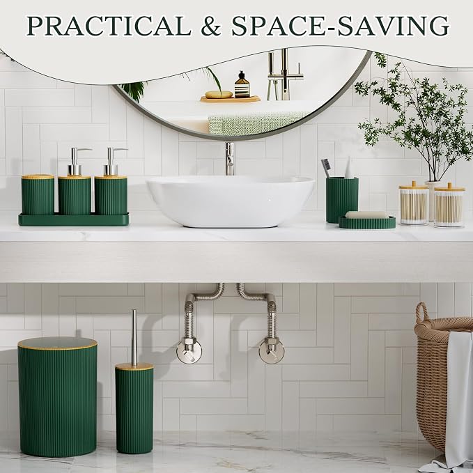 10PC Bathroom Accessories Set - Dark Green and Wooden Bathroom Sets, Bathroom Accessory Set with Pop Up Trash Can, Toilet Brush, Trash Can, Qtip Holder & Soap Dispenser
