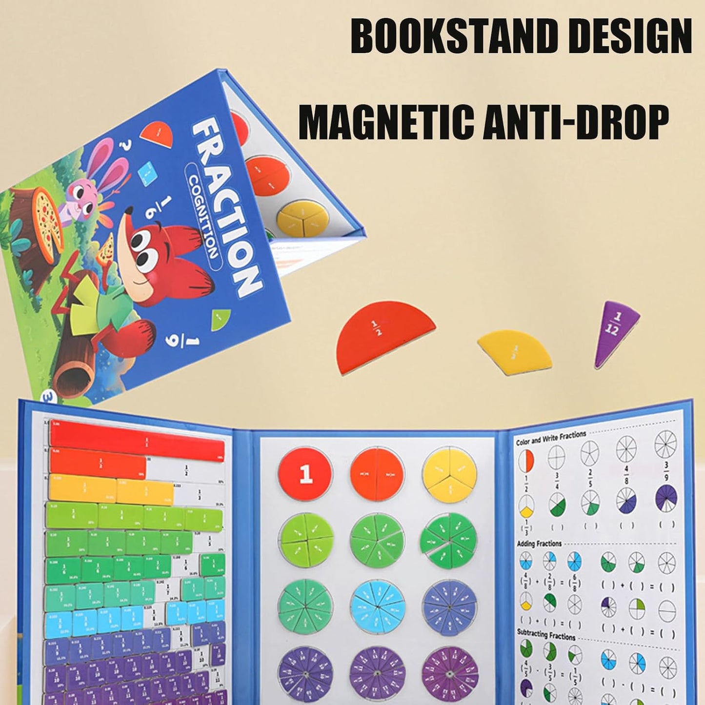 Skiennix Magnetic Fraction Demonstration Book - Educational Puzzle & Tiles for Montessori Math (3 Fold)
