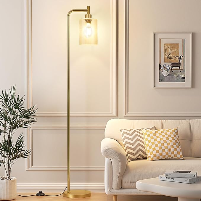 Ziisee Floor Lamps for Living Room - Standing Lamp with Seeded Glass Shade, Modern Gold Floor Lamp with LED Bulbs, Bright Industrial Floor Lamp for Bedroom, Tall Lamp for Office - Gold