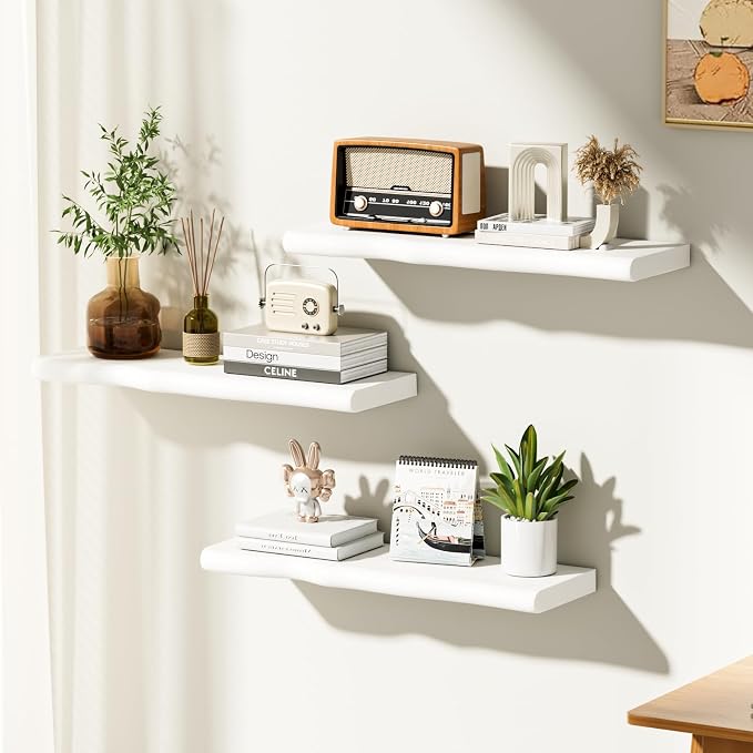 Solid Wood Live Edge Floating Shelves Set of 2 – 24" Rustic Wall Shelf with Hidden Bracket System, Wall Mounted Shelves for Bathroom, Kitchen, Living Room, Bedroom (White)