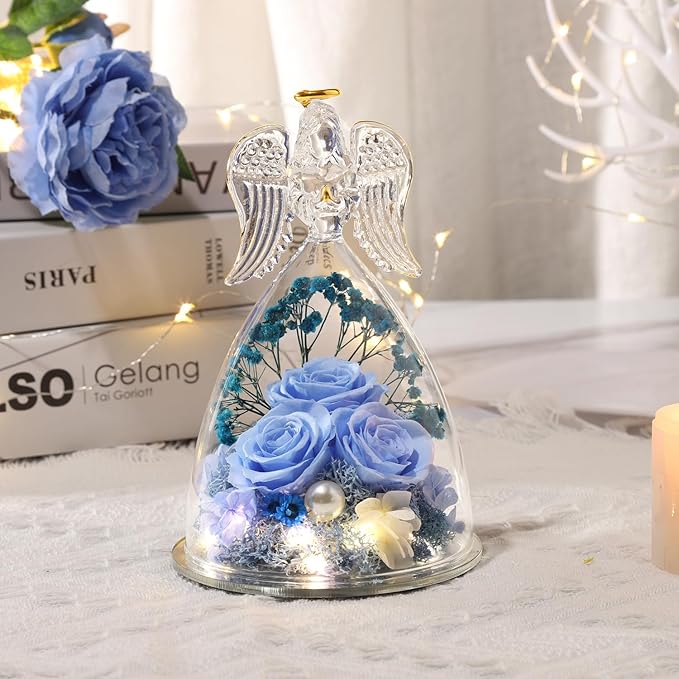 ANWEAO Gifts for Women Christmas Birthday Gifts for Mom Preserved Blue Rose with Lights Forever Flower in Glass Angel Figurines with I Love You Necklace Birthday Gifts for Women Her Mom Wife Grandma