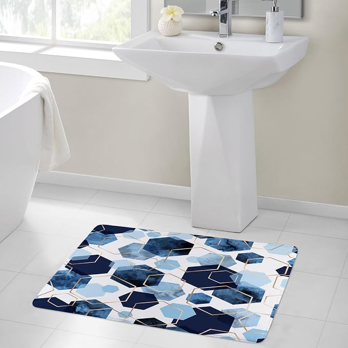 LB Navy Blue Marble Bath Mat Abstract Geometric Floor Rug for Bathroom Gold Honeycomb Hexagon Doormat Non Slip Memory Foam Absorbent Living Room Bedroom Door Front Area Rugs,24Wx16H inch