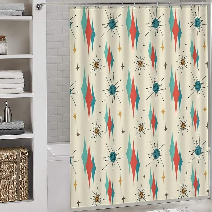 Mid Century Modern Shower Curtain,Retro Abstract Atomic Starburst Geometric Diamond Pattern Shower Curtains Set for Bathroom Fabric Decorative Bath Curtain Washable Curtain Hooks, 72x72 inch