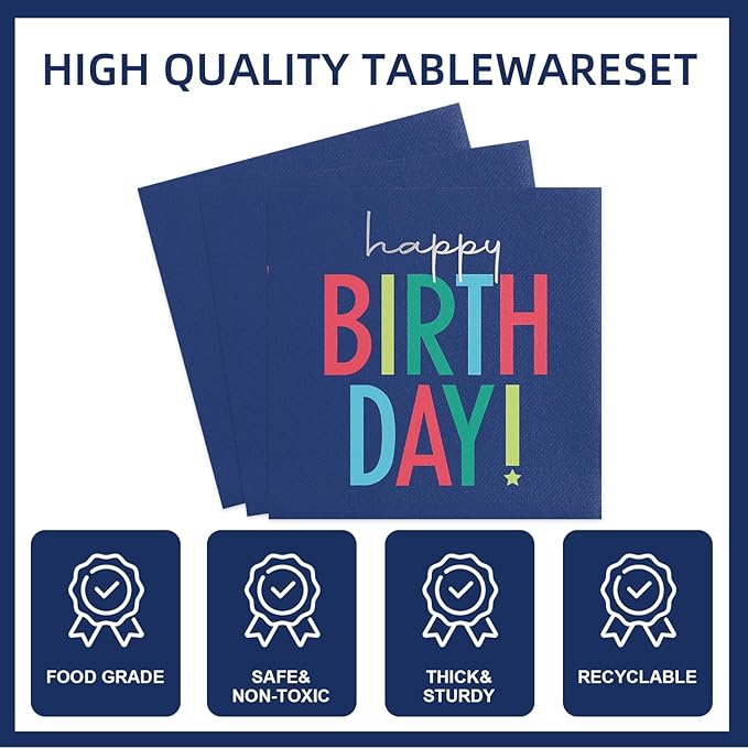 141pcs Dark Blue Happy Birthday Decoration Dark Blue Birthday Decorations Plates Napkins Forks Knives Straws Tablecloth Cups for Men Women Birthday Party Supplies,Suitable for 20 Guests