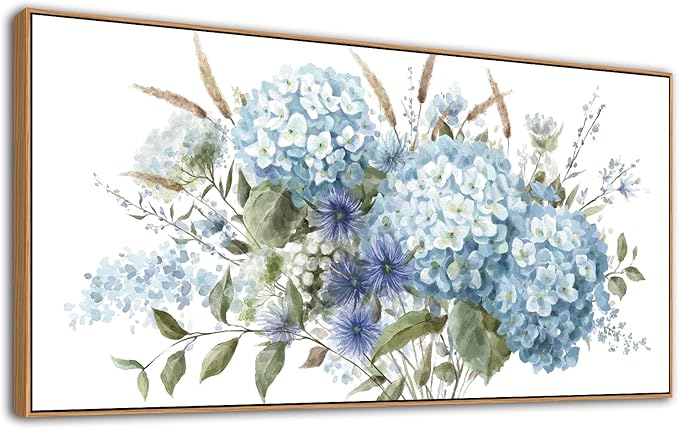 VEAEE Framed Flowers Canvas Wall Art - Blue Floral Canvas Pictures, Living Room Wall Decor, Blue Hydrangea Botanical Canvas Prints Painting Abstract Artwork Bedroom Office Home Decor 24"x 48"