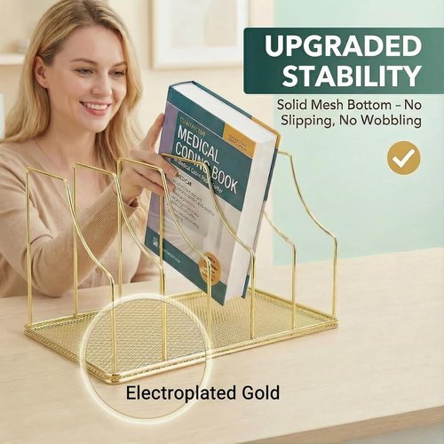 Simmer Stone Gold Binder Organizer - 5 Slot Vertical File Sorter with Mesh Bottom | Large Desktop Holder for Binders & Books