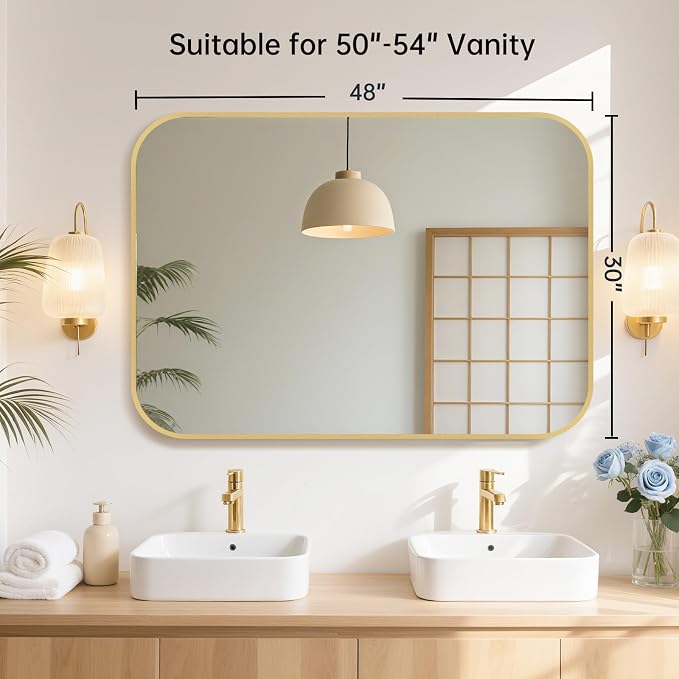 48x30 Inch Gold Bathroom Mirror, Brushed Gold Metal Framed Rectangular Mirror with Rounded Corner, Bathroom Vanity Mirror for Bedroom or Living Room, Horizontal/Vertical
