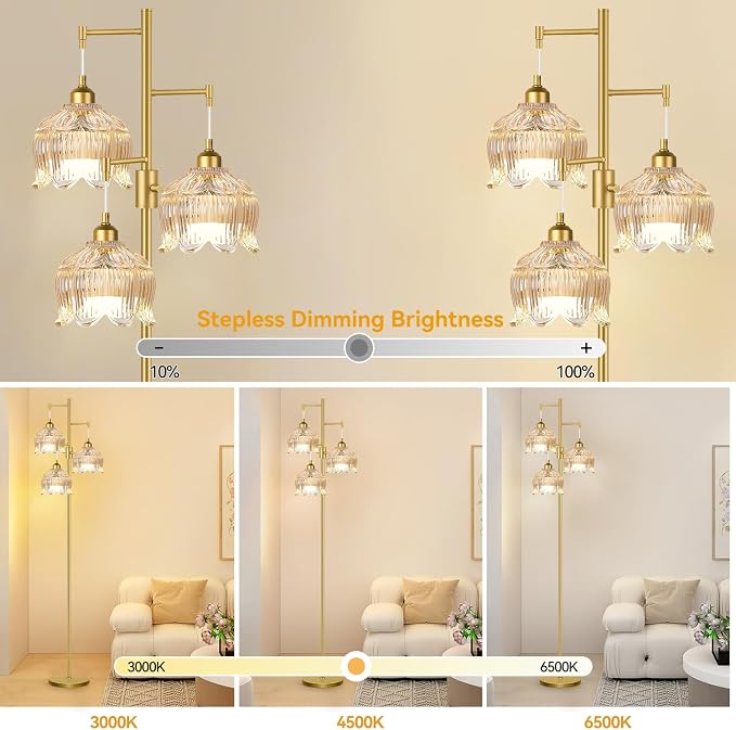 Dimmable Floor Lamps for Living Room Bedroom,Gold Floor Lamp with Glass Lampshape 3 Color Temperatures, Flower Mid Century Modern Standing Lamp Glass Tall Floor Lamps for Living Room Bedroom,Corner