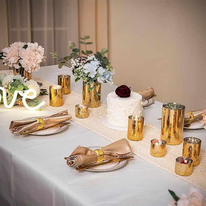 CHILL RECIPE Gold Cylinder Vases Glass Candle Holders Bulk, Mercury Hurricane Candle Holder Small Flower Vases for Centerpieces Tea Light Pillar Votive Candles Wedding Decor Party (4 Set 12Pcs)