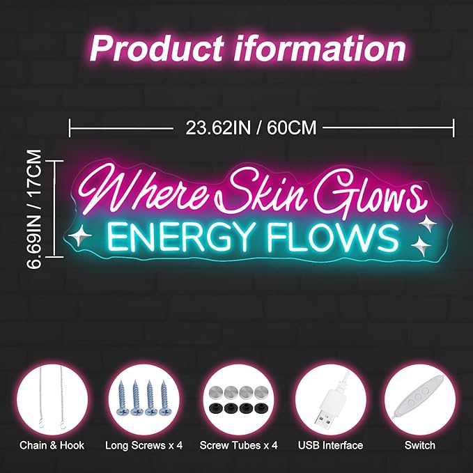 Where Skin Glows Energy Flows Neon Sign Beauty Salon Sign Medspa Decor LED Sign Spa Wall Art SkinCare Facial Room Wall Decor Beauty Spa Sig, Hair Salon Nails Wax Lash Beauty Decoration Aesthetic,23.6IN