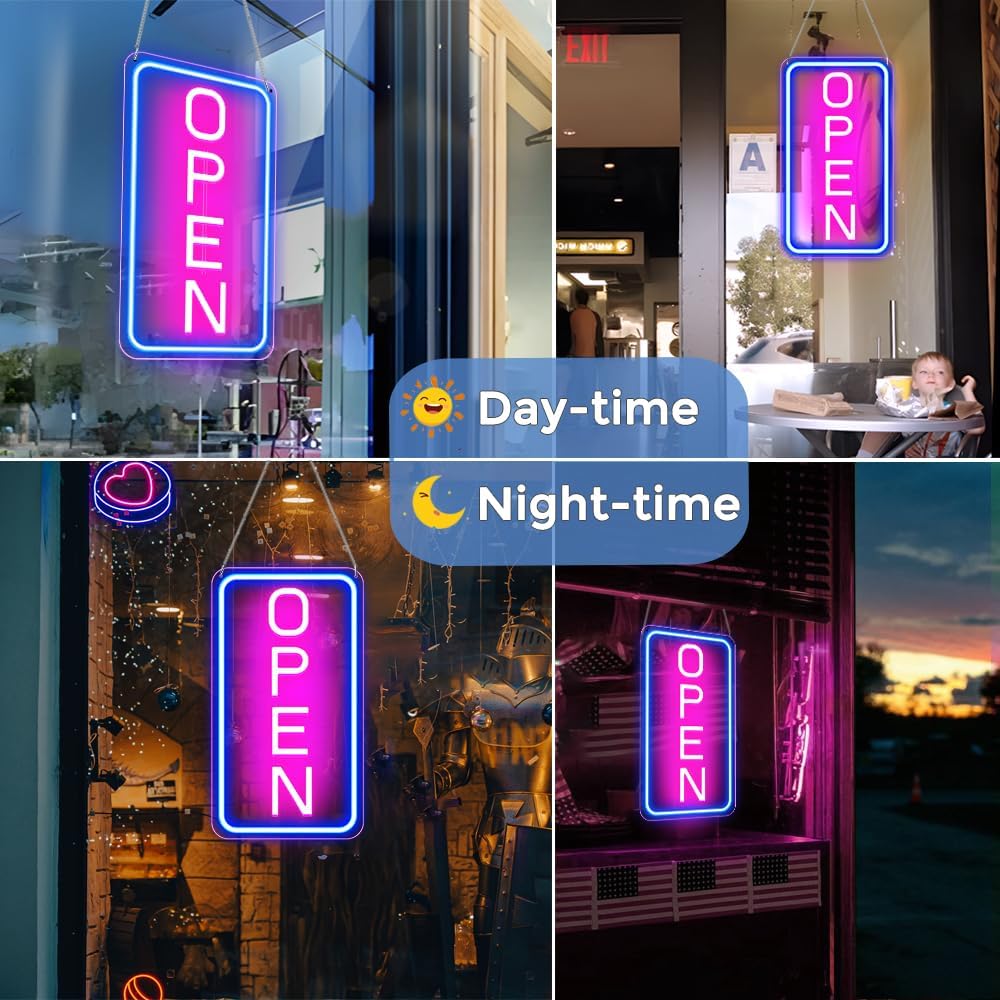 Skiennix LED Neon Open Sign - Ultra Bright 16"x9" Vertical Light Up Sign for Store Window | Blue/Pink