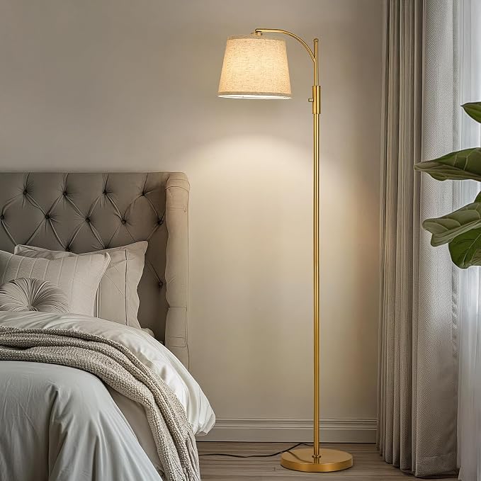 AIDENOEY Fully Dimmable Floor Lamp for Living Room，Standing Lamp Rotary Switch with Linen Beige Shade，Golden Tall Lamps for Bedroom with Adjust Head，9W LED Bulb Included
