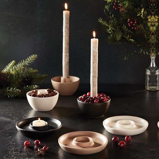 47th & Main Taper Candle Holders for Candlesticks, Ceramic Modern Decorative Candle Holder for Dining Table Centerpiece, 4" Diameter x 2.25" Tall, Ivory