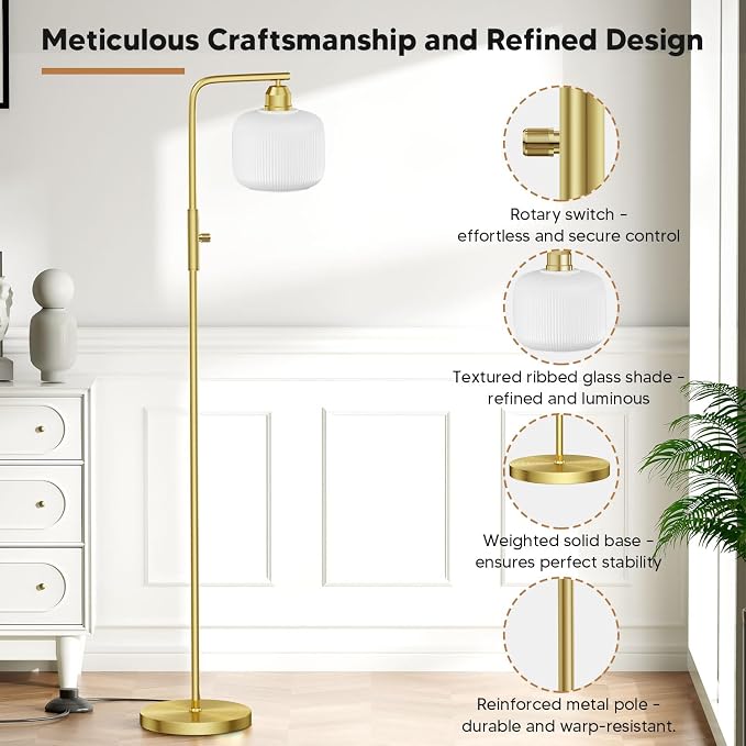 Glass Floor Lamp for Living Room, Modern Standing Lamp with White Glass Lampshade & Brushed Gold, Stepless Dimmable and Rotary Switch, 66” Tall Lamp & White Floor Lamp for Bedroom Study Room