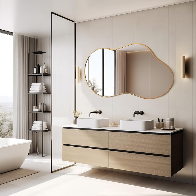 Dorlicecass Irregular Wall Mirror - Wall Mirrors Decorative 24"x36" Gold Asymmetrical Mirror Tempered Glass Aviation Aluminum Alloy Frame for Bathroom, Bedroom, Living Room, Cloakroom, Entryway