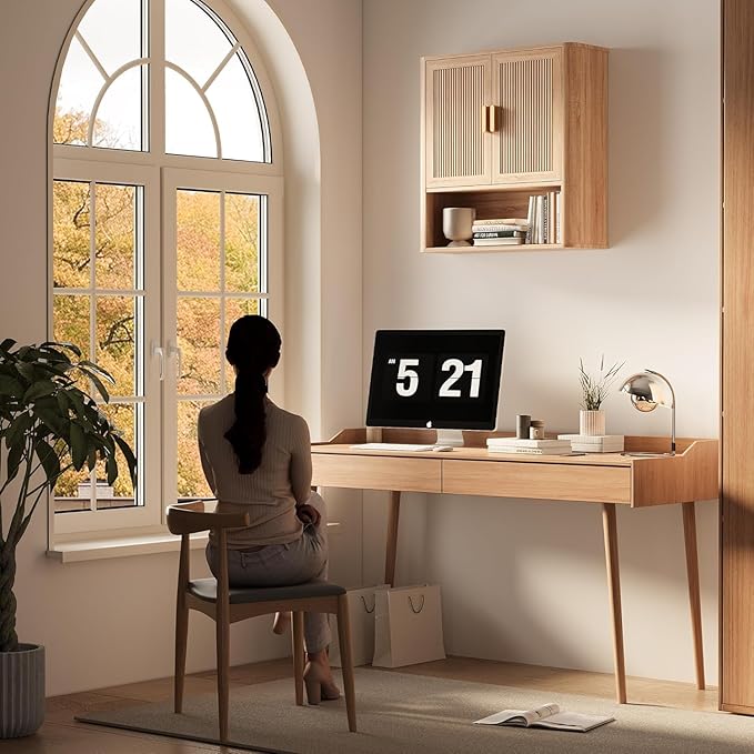 INNOD Bathroom Wall Storage Cabinet, Medicine Cabinet with Adjustable Wood Shelf & Doors, Over the Toilet Storage Cabinet for Laundry Room & Living Room Kitchen Storage Islands (Natural Oak)