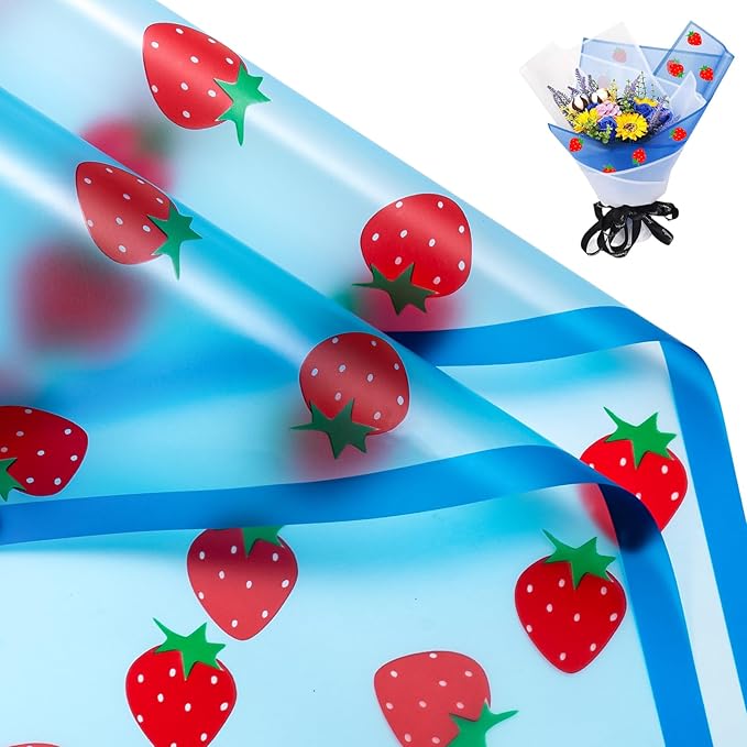 WRAPAHOLIC 20 Sheets Flower Wrapping Paper - 22.4 x 22.4 inch Blue Strawberry Water-Resistant Floral Bouquet Wrapping Paper, Florist Supplies Packaging for Graduation Ceremony Gift DIY