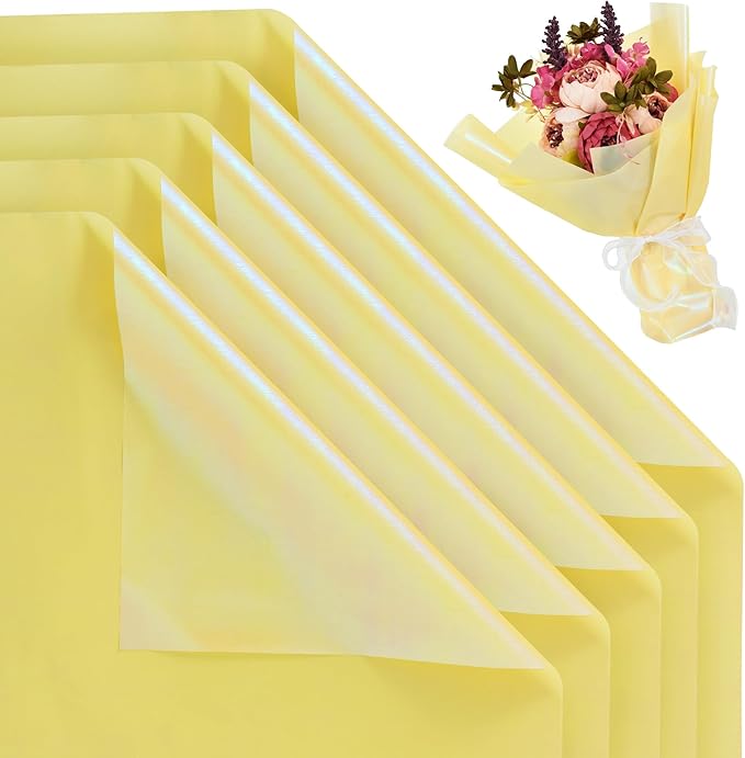 BEISHIDA 20 PCS Yellow Floral Wrapping Paper-Iridescent Waterproof Flower Wrapping Paper Bouquet for Florist Supplies, DIY Crafts, Gift Packaging, Wedding, Birthday Gift